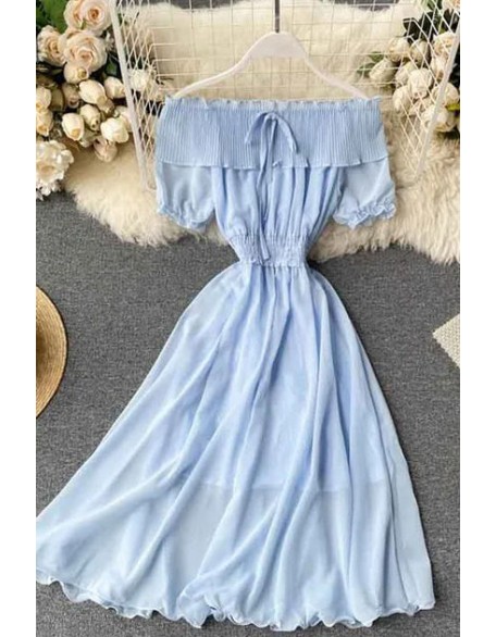 Women Dress Fashion Off Shoulder Chiffon Dress Solid Vestidos Short Puff Sleeve Ruffles Holiday Dress