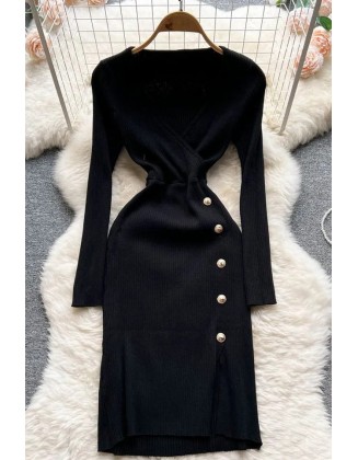 Lady V-neck Buttons Design Split Elegant Dress for Women Long Sleeve Knitted Sweater Dress