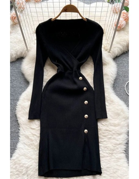 Lady V-neck Buttons Design Split Elegant Dress for Women Long Sleeve Knitted Sweater Dress