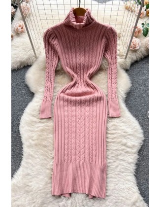 Women Turtleneck Twist Knitted Bodycon Dress Fashion Wrap Hips Dress