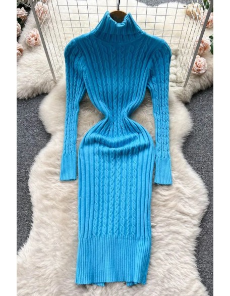 Women Turtleneck Twist Knitted Bodycon Dress Fashion Wrap Hips Dress