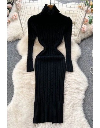 Women Turtleneck Twist Knitted Bodycon Dress Fashion Wrap Hips Dress