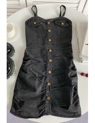 Women Fashion Slim Waist Denim Dress Single-breasted Strap Ruched Bodycon Dress