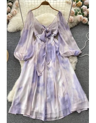 Romantic Tie Dye Print Long Dress Fashion Big Swing A-line Chiffon Dress Party Dress