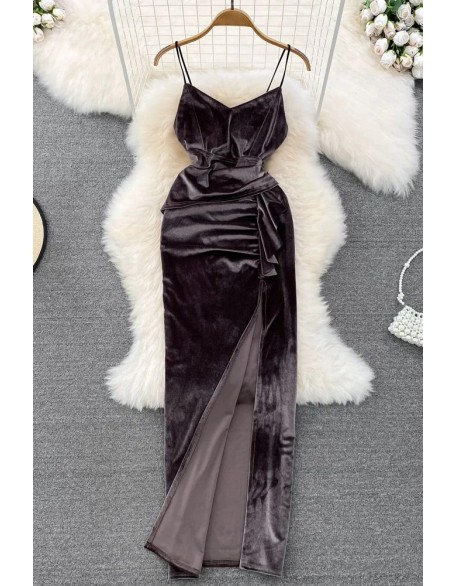 Elegant Velvet Long Dress Retro High Waist Ruffles Split Wrap Hips Bodycon Dress