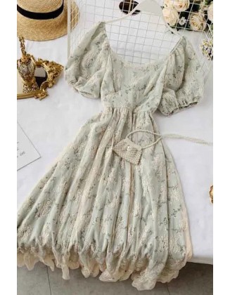 Romantic Women Lace Embroidery Party Dress Elegant Floral Print Short Puff Sleeve Gothic Midi Dress