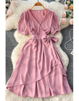 Women Elegant Puff Sleeve Lace-up Wrap Robe Femme Casual A-Line Long Dress