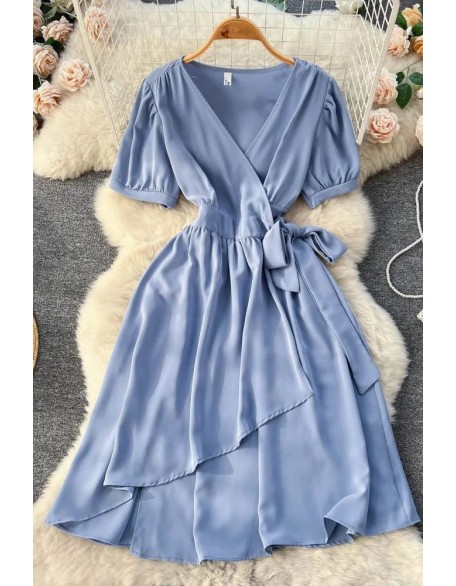 Women Elegant Puff Sleeve Lace-up Wrap Robe Femme Casual A-Line Long Dress