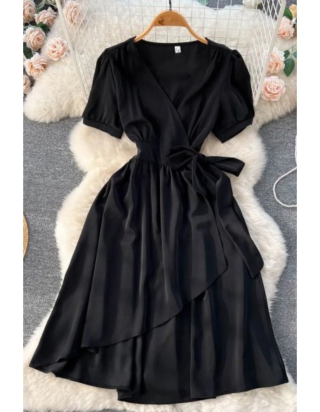 Women Elegant Puff Sleeve Lace-up Wrap Robe Femme Casual A-Line Long Dress