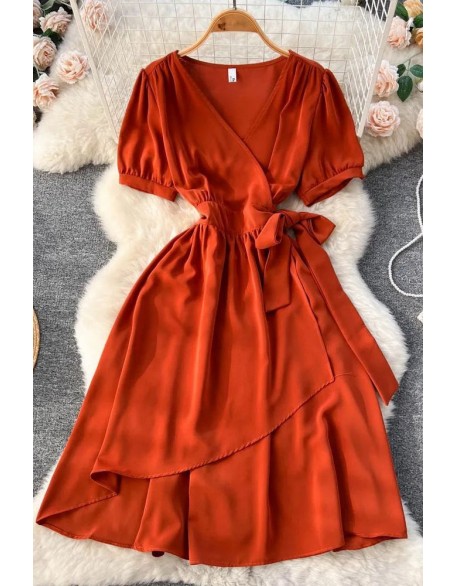 Women Elegant Puff Sleeve Lace-up Wrap Robe Femme Casual A-Line Long Dress