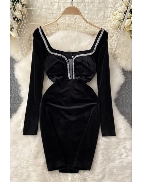 Women Dress Elegant Shining Hem Velvet Mini Dress