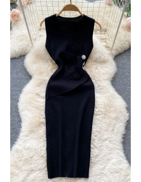 Women Dress Elegant Slim Waist Buttons Design Knee-length Knit Dress