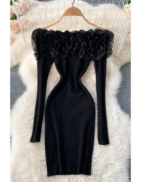 Romantic Women 3D Flowers Bodycon Party Dress Elegant Off Shoulders Long Sleeve Knitted Dress