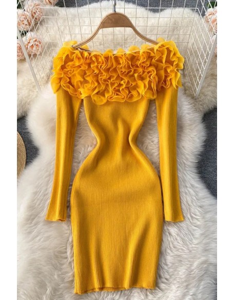 Romantic Women 3D Flowers Bodycon Party Dress Elegant Off Shoulders Long Sleeve Knitted Dress