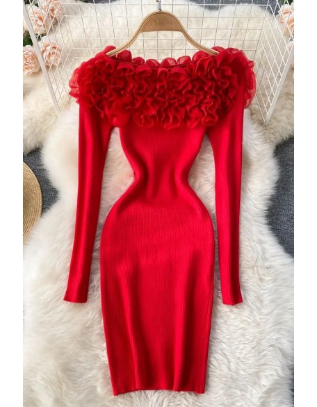 Romantic Women 3D Flowers Bodycon Party Dress Elegant Off Shoulders Long Sleeve Knitted Dress