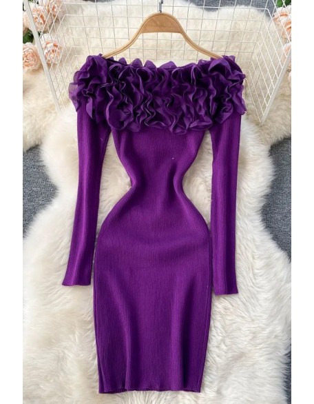 Romantic Women 3D Flowers Bodycon Party Dress Elegant Off Shoulders Long Sleeve Knitted Dress