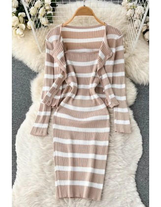 Elegant Women Dress Sets Fashion Knitted Cardigans + Slim Spaghetti Strap Dress Lady Two Piece Suits