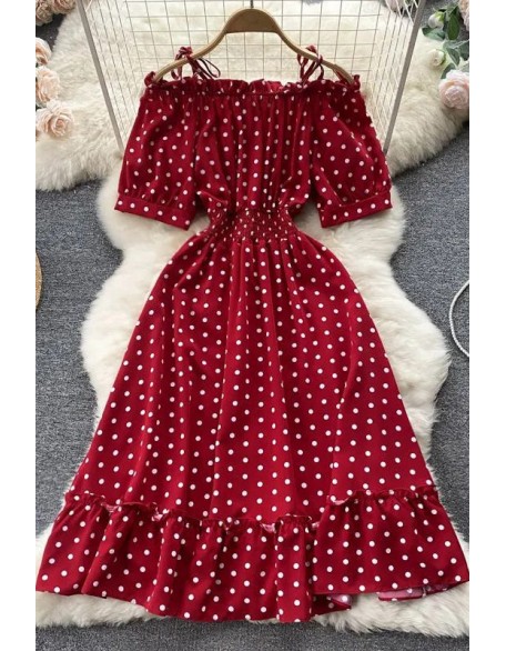 Polka Dot Women Dress Casual Off Shoulder Sling Straps Elastic Corset Ruffles Hem Party Dress