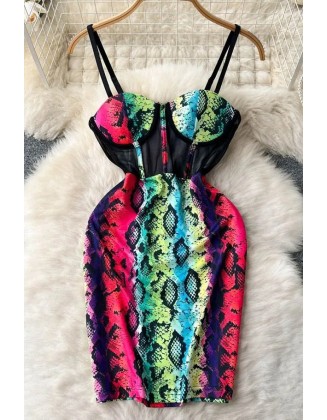 Women Lace Patchwork Print Bodycon Straps Dress Slim High Waist Package Hips Mini Dress