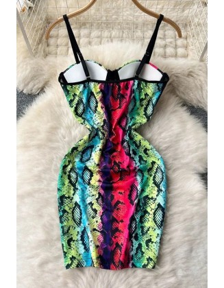 Women Lace Patchwork Print Bodycon Straps Dress Slim High Waist Package Hips Mini Dress