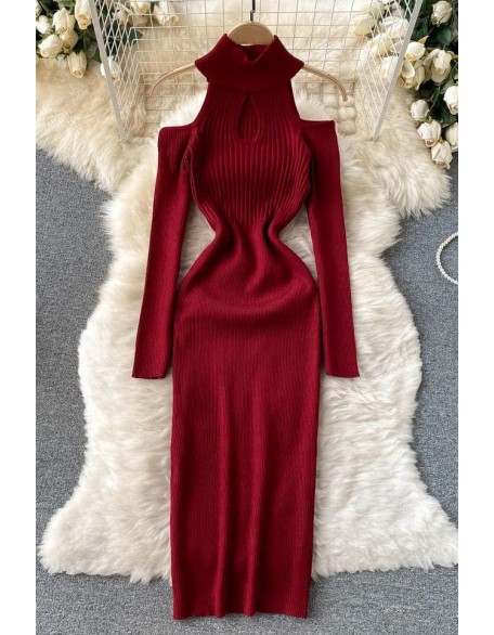 Fashion Off Shoulders Long Sleeve Women Dress Bodycon Knitted Sweater Dress