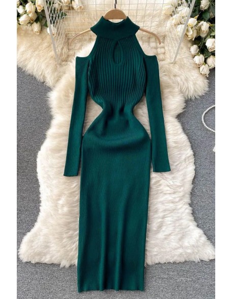 Fashion Off Shoulders Long Sleeve Women Dress Bodycon Knitted Sweater Dress