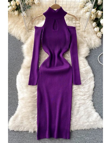 Fashion Off Shoulders Long Sleeve Women Dress Bodycon Knitted Sweater Dress