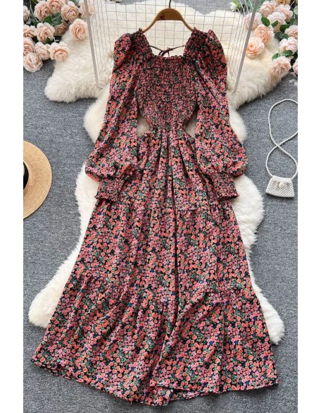 Elegant Flower Print Long Women Dress Square Collar Puff Sleeve Party Female Vestidos Dress