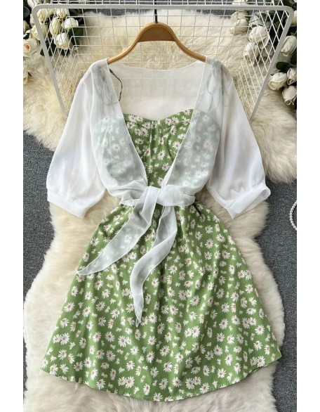 Fashion Daisy Flower Print Two Piece Set Women Dress Strap Vacation Short Dress and White Shawl