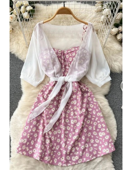 Fashion Daisy Flower Print Two Piece Set Women Dress Strap Vacation Short Dress and White Shawl