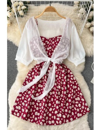 Fashion Daisy Flower Print Two Piece Set Women Dress Strap Vacation Short Dress and White Shawl