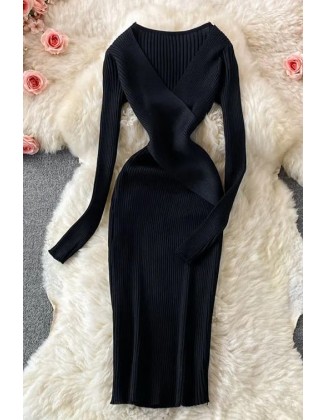 Women Dress Elegant Cross V-neck Slim Waist Knitted Bodycon Dress