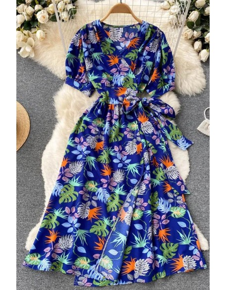 Luxury Floral Woman Dress Casual V-neck Sash Bandage Wrap Dress Boho Print Beach Vacation Dress