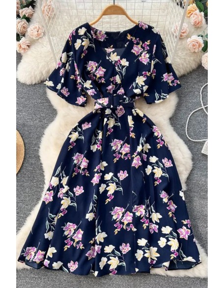 Women Dress Fashion Romantic Floral Print Chiffon Dress With Belt Party Dress