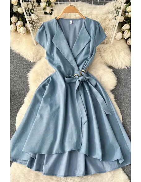 Women Dress Elegant Turn-down Collar Asymmetrical A-line Wrap Dress Fashion Shirt Female Dress