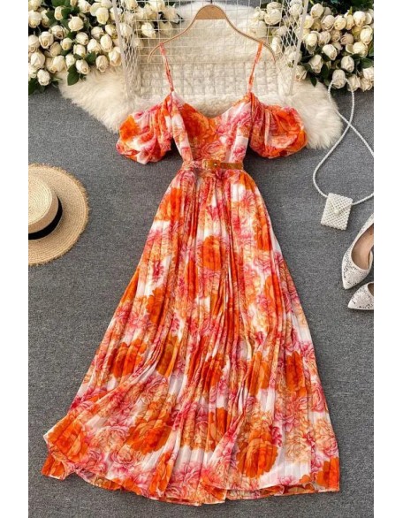 Women Dress Fashion Off Shoulders Puff Sleeve Holiday Beach Long Dress Floral Print Female Dress