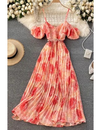 Women Dress Fashion Off Shoulders Puff Sleeve Holiday Beach Long Dress Floral Print Female Dress