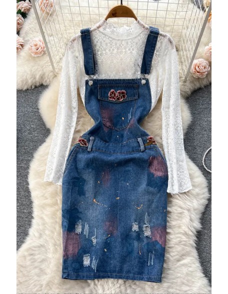 Women Dress Set Vintage Embroidery Denim Dress + White Lace Tops Two-piece