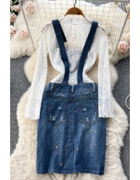 Women Dress Set Vintage Embroidery Denim Dress + White Lace Tops Two-piece