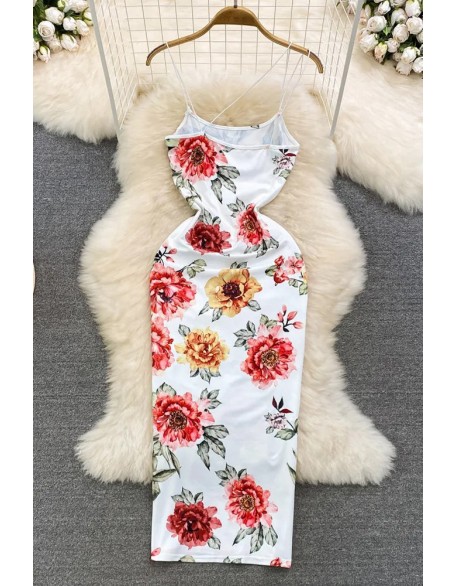 Fashion Women Flower Print Long Dress Strap Bodycon Party Dress Holiday Package Hips Beach Vestidos Dress