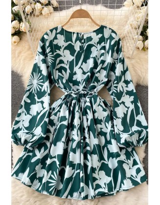 Fashion Women Print Green Short Dress Casual Long Sleeve Sash Bandage Women Dress