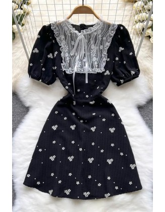 Lace Patchwork Women Mini Dress Retro Gothic Floral Print Puff Sleeve Dress