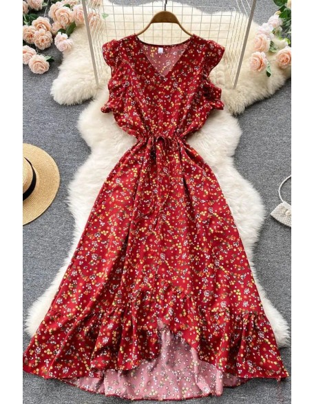 Fashion Floral Print Women Dress Casual Ruffled Sleeveless Elastic Waist Asymmetrical Long Dress