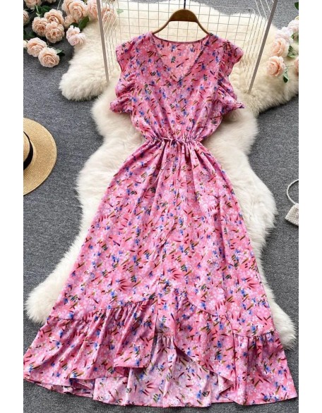 Fashion Floral Print Women Dress Casual Ruffled Sleeveless Elastic Waist Asymmetrical Long Dress