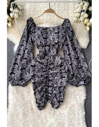 Package Hips Mini Dress Elegant Lantern Sleeve Floral Print Bodycon Dress