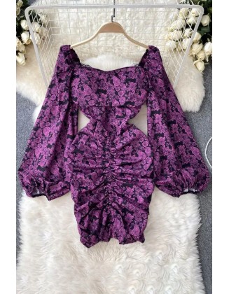 Package Hips Mini Dress Elegant Lantern Sleeve Floral Print Bodycon Dress