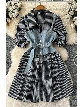 Women Dress Set Retro Gothic Denim Vests + Striped Short Shirt Dress 2 pcs Sets