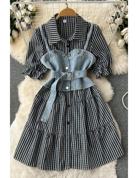 Women Dress Set Retro Gothic Denim Vests + Striped Short Shirt Dress 2 pcs Sets