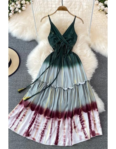 Fashion Tie Dye Print Long Dress Women Elegant High Waist Backless Straps Beach Dress