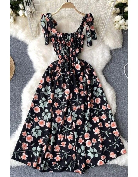 Romantic Floral Print Bandage Straps Dress Vacation Fashion Beach Long Dress